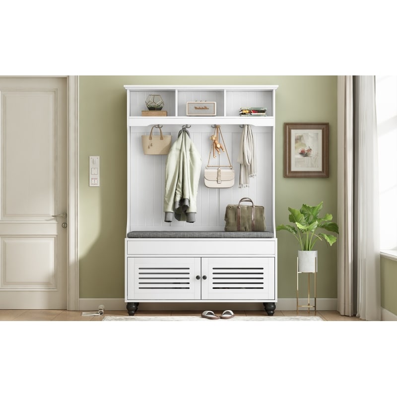 Modern Design 5 in 1 Hall Tree with Shutter shaped Doors Coat Rack Cushion and Hooks Entryway Storage Bench Bed Bath Beyond 39387547