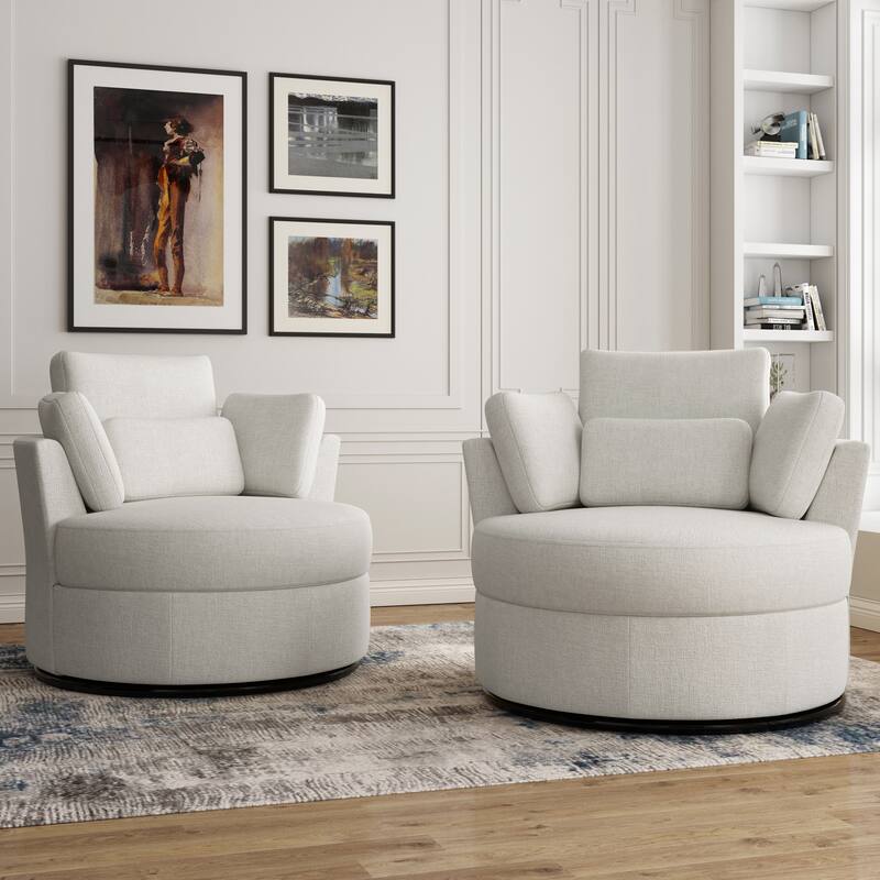 Upholstered Swivel Barrel Armchair with Storage Ottoman (Set of 2)