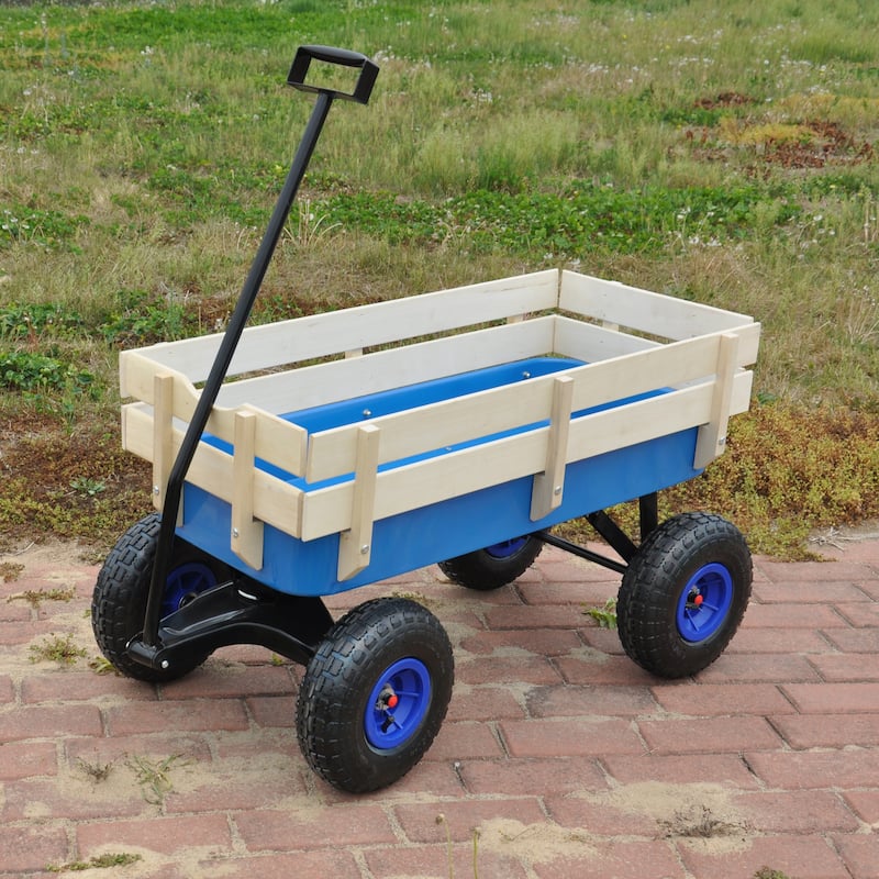 Outdoor Wagon Garden Cart All Terrain Pulling Wood Railing - 39.37" x 19.3" x 20.28" INCH