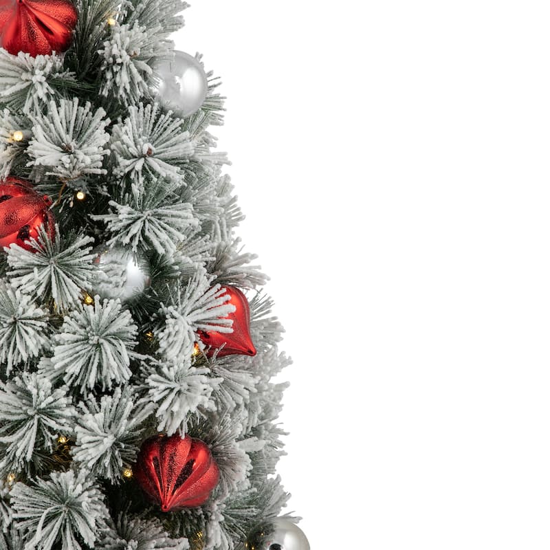 3' Potted Snowy Bristle Pine Artificial Christmas Tree, Warm White LED - 3 Foot