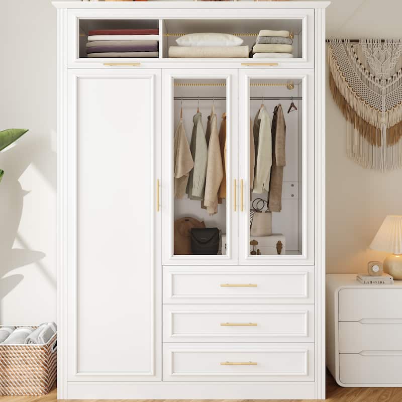 3 Door Wardrobe White Armoire Closet with LED Light, Minimalist Clothing Storage Cabinet with 3 Drawers - White