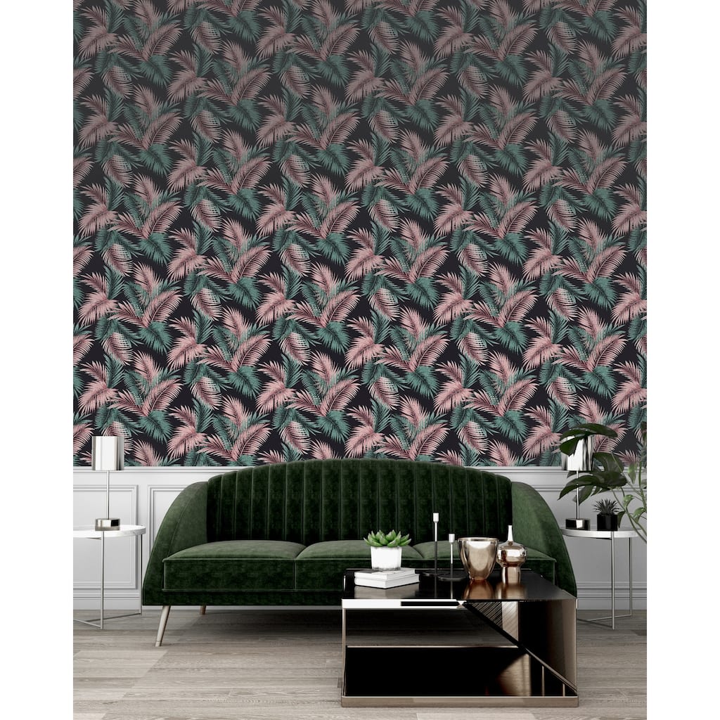 Twilight Tropic Black and Green Wallpaper - 20.8 in. W x 33ft L - Double Roll