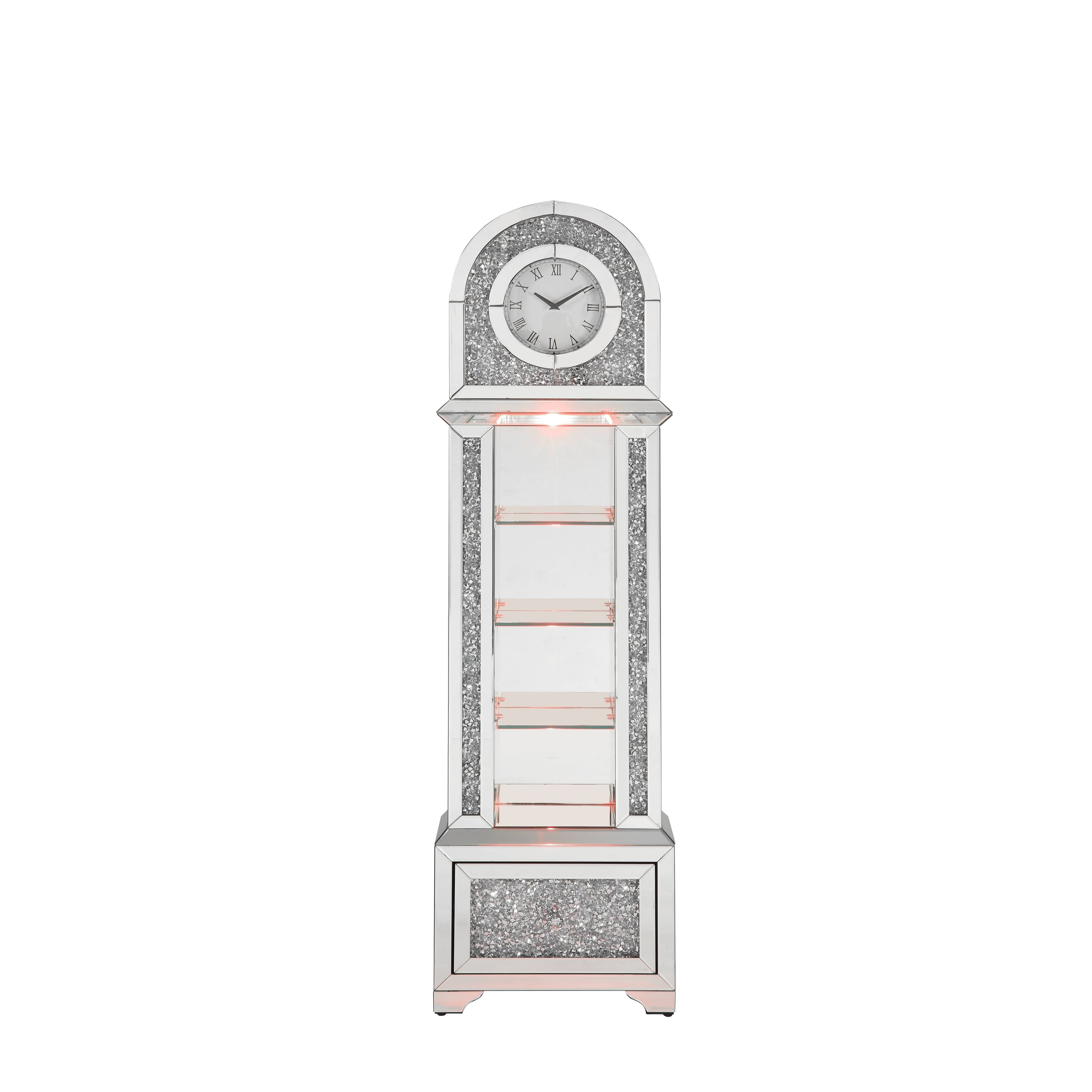 Grandfather Floor Clock w/LED & Display Shelf, Living Room Mirrored Frame Quartz Grandfather