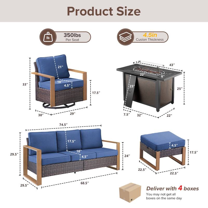 Meyreso Wicker Outdoor Patio Metal Fire Pit Set with Swivel Gliders & 4.5" Olefin Cushions