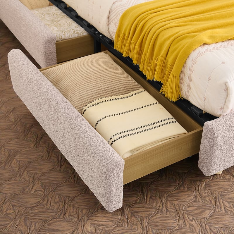 Upholstered Bed Frame with Tall Curved Headboard and Storage Drawers, Modern Minimalist Platform Bed No Box Spring