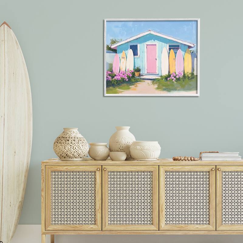Stupell Cabin with Pastel Surfboards Framed Giclee Art Design By Arlington Prints
