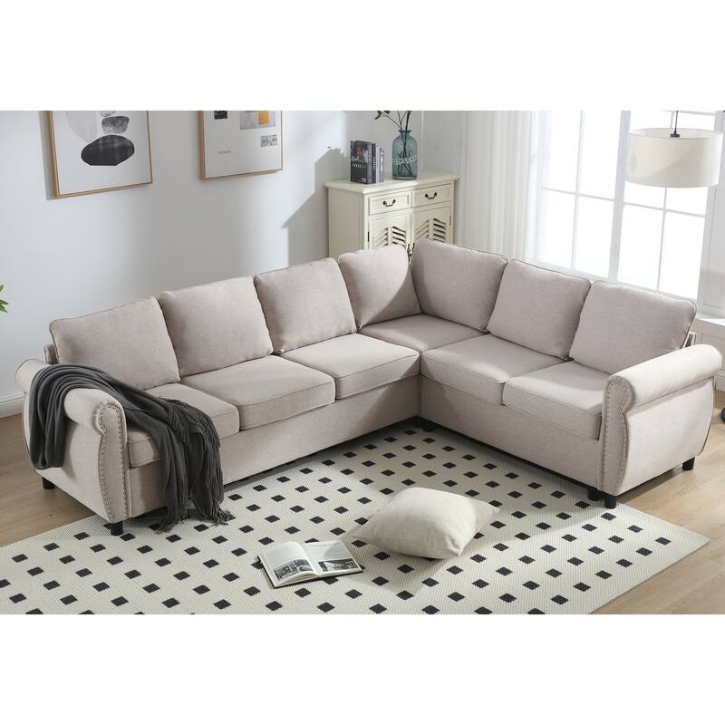 2 in 1 Pull Out 6 Seater L Shaped Sleeper Sectional Sofa Couch - Beige