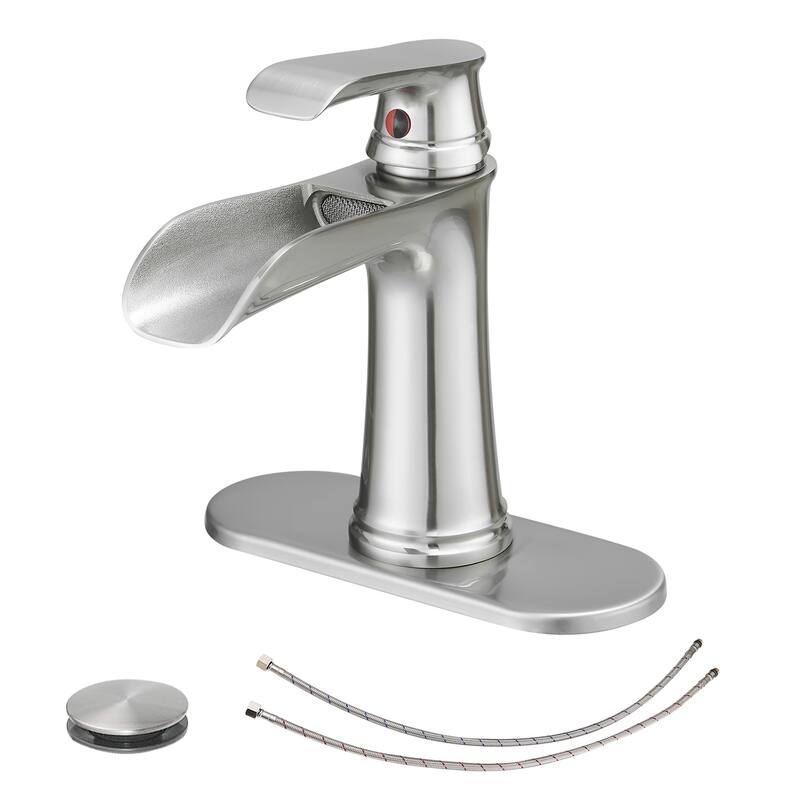 Topcraft Single Handle Waterfall Bathroom Faucet with Baseplate - Brushed Nickel