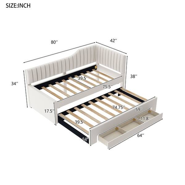 dimension image slide 1 of 4, Daybed Captain Bed Upholstered Bed with Trundle and 3 Drawers, Elegance Stripe Design L-Shaped Upholstered Daybed Platform Bed