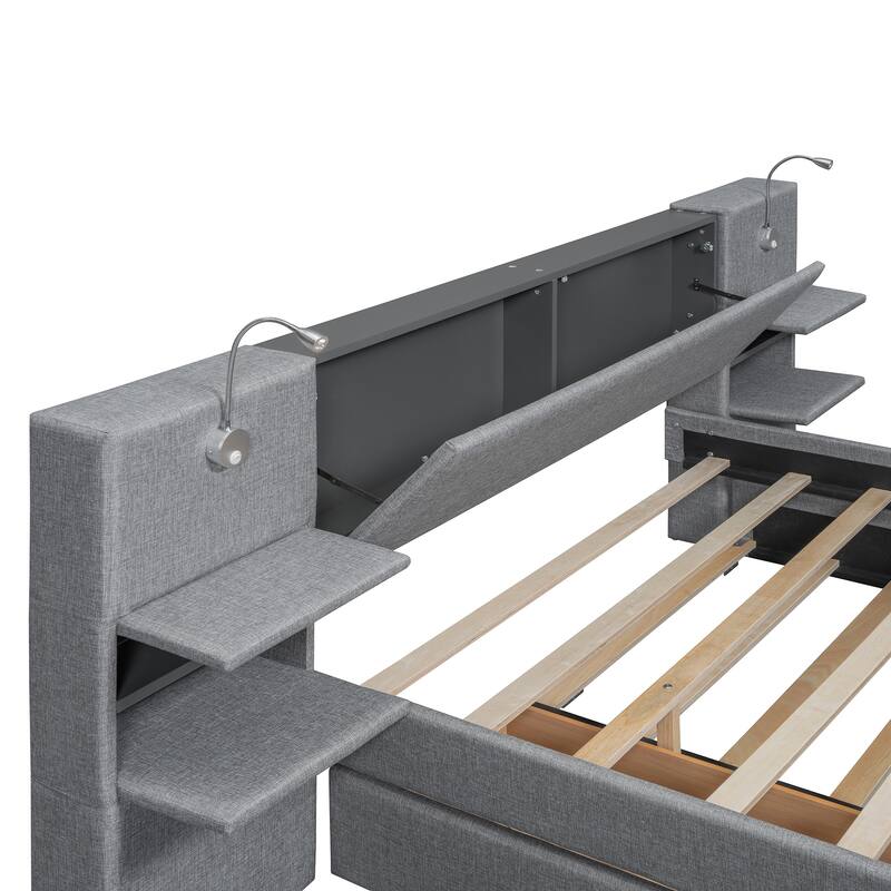 Queen Size Upholstered Platform Bed with Storage Headboard, Reading Lights, Trundle, and Side Racks