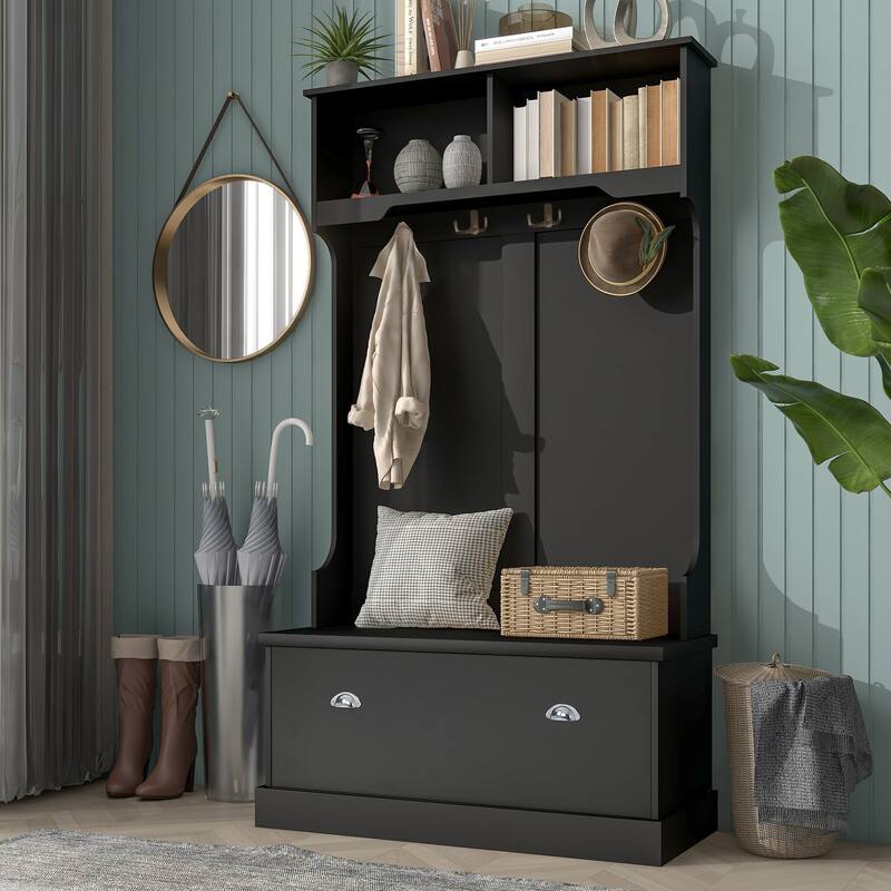Black Entryway Storage Bench with 4 Hooks, Coat Hanger Bed Bath