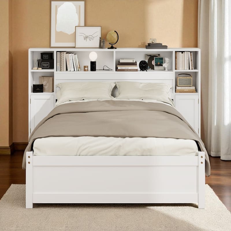 Twin Size Wooden Storage Bed with Bookcase Headboard, 6 Drawers, Shelves and USB Charging Station, White