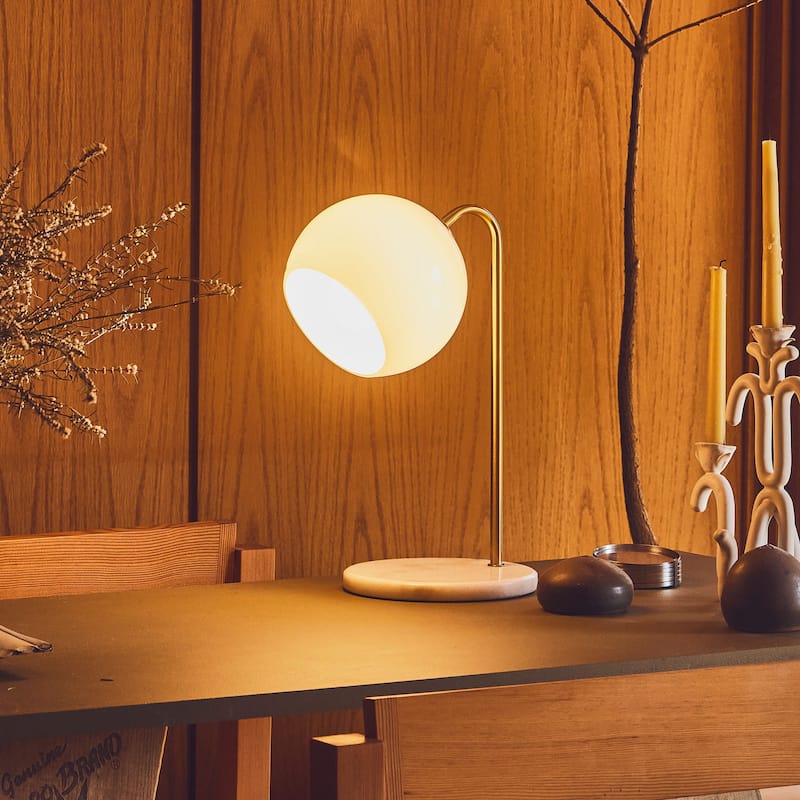 Brightech Krystal 14.5 in. Antique Brass Modern LED Arc Desk Lamp with White Glass Globe Shade