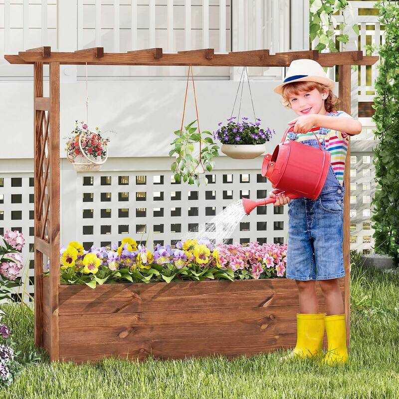 Gymax 2PCS Wooden Raised Garden Bed/ Lattice Trellises Hanging Roof