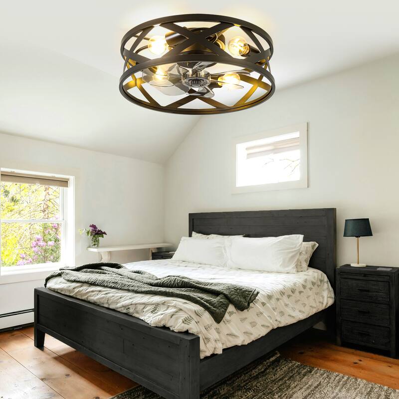 Bella Depot 20" Black Cage Flsuh Mount Ceiling Fan with Light and Remote