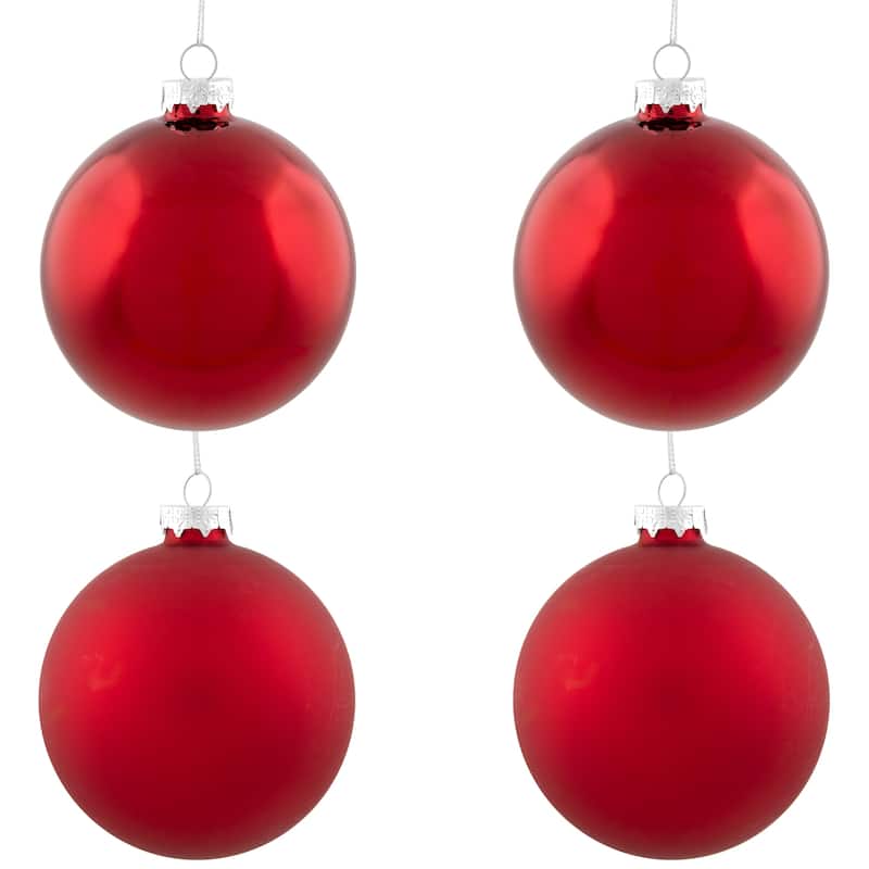 2-Finish Christmas Glass Ball Ornaments - 4" (100mm) - Red - 4ct