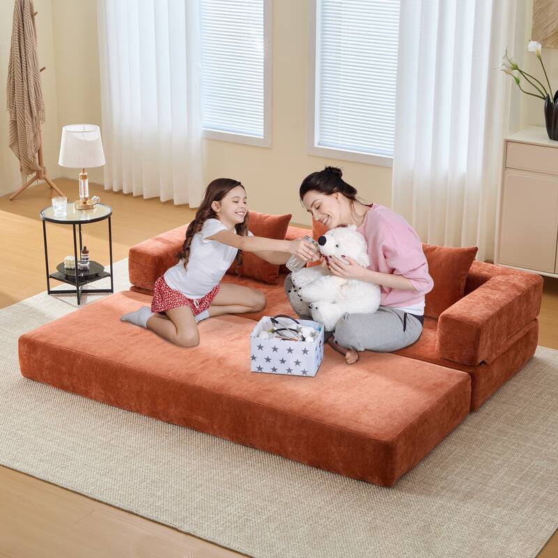 6-in-1 Folding Memory Foam Sleeper Sofa Bed Chenille Floor Chaise Lounge Couch with Side Pocket, Removable & Washable Cover