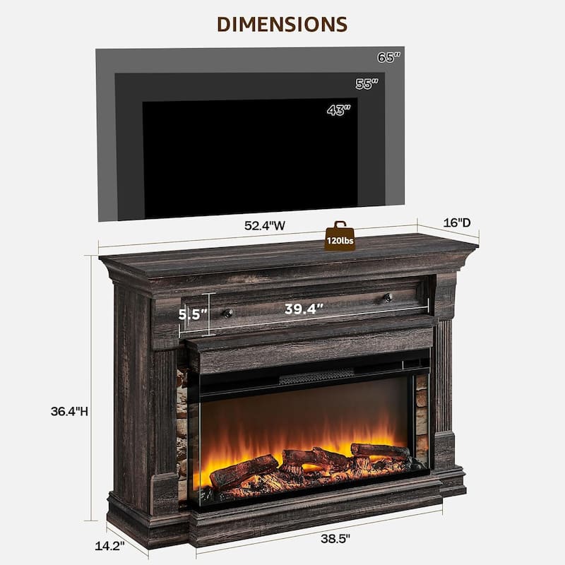 52" Farmhouse 3-Sided Fireplace TV Stand, Wood Entertainment Center