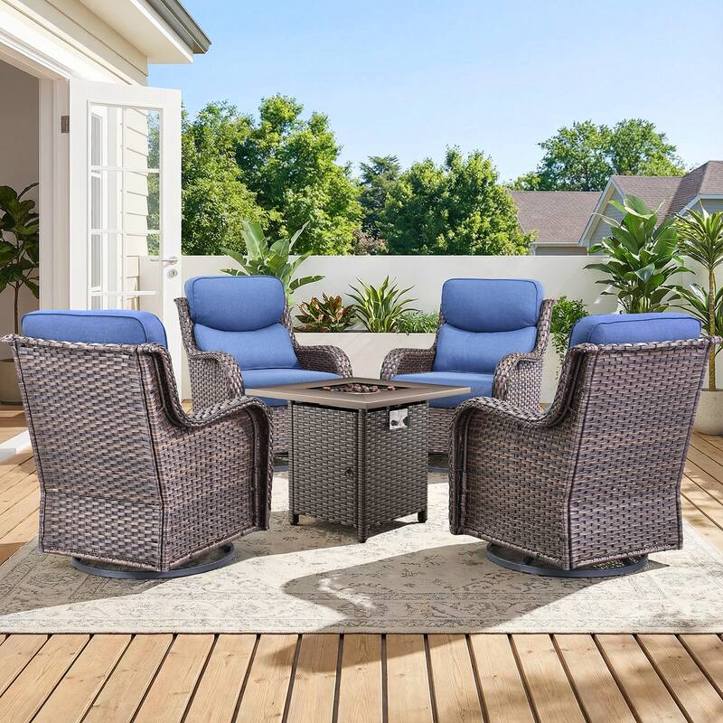 Pocassy Outdoor Propane Fire Pit Table with Sofa Swivel Chair Funiture Set. - Brown Wicker Blue Cushion - 5-Piece Swivel Chair w/ Fie Pit Table