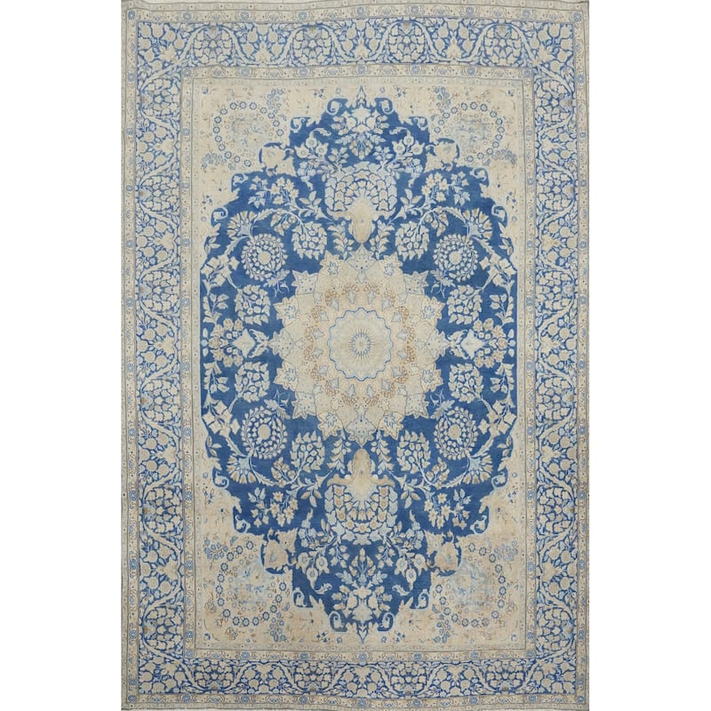 Hand Knotted Oriental 100% Wool Carpet Traditional Floral Navy Blue & Blues Kerman Area Rug - 10' 2'' X 7' 5''
