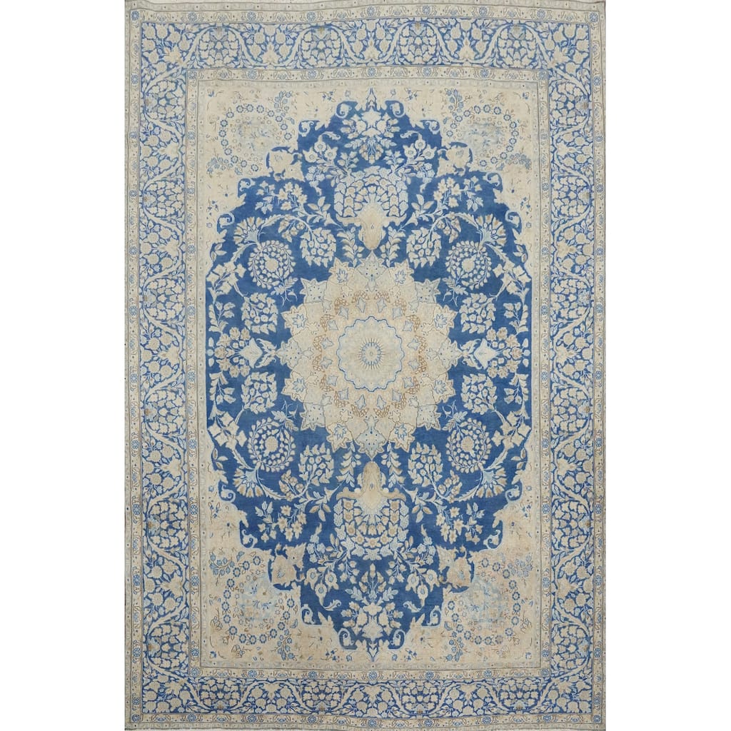 Hand Knotted Oriental 100% Wool Carpet Traditional Floral Navy Blue & Blues Kerman Area Rug - 10' 2'' X 7' 5''