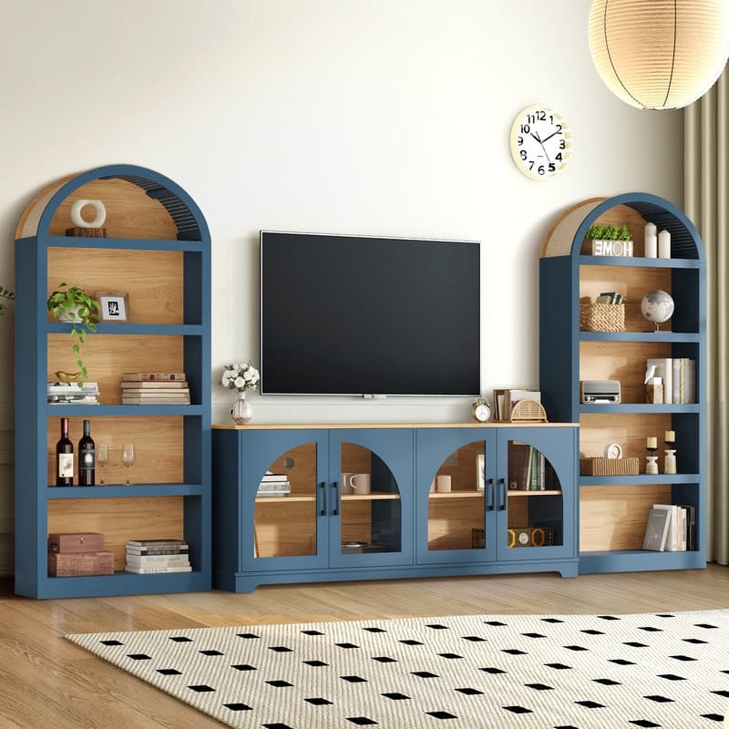 Farmhouse 3-Piece TV Stand Set for TVs Up to 70", Entertainment Center with Arched Sideboard and Glass Doors for Living Room