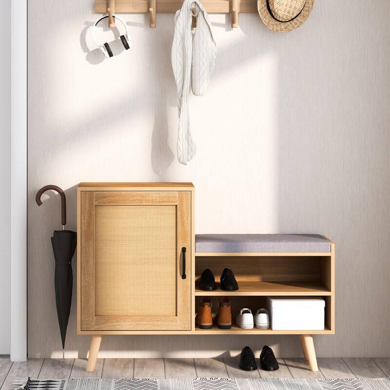 Costway 2-in-1 Rattan Shoe Cabinet with Bench 3 Adjustable Shelves & - See Details