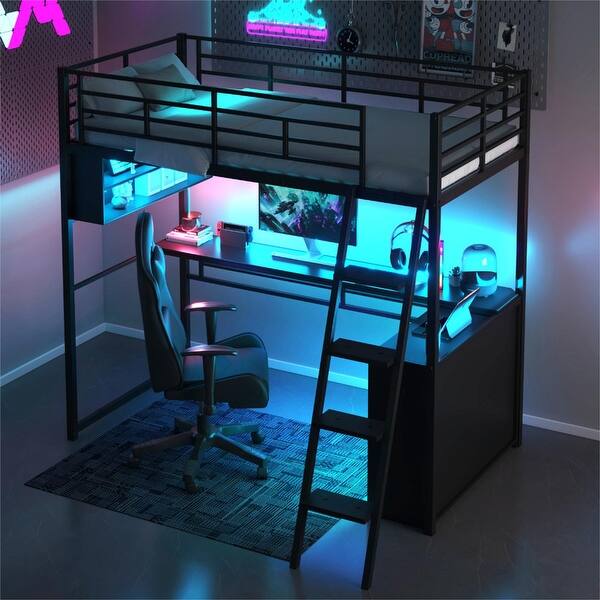 slide 2 of 14, Black Colorful LED Twin Size Loft Bed with Desk and Shelves Black