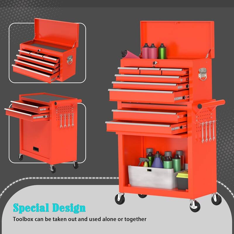 8-Drawer Rolling Tool Storage Cabinet with Detachable Top Tool Box