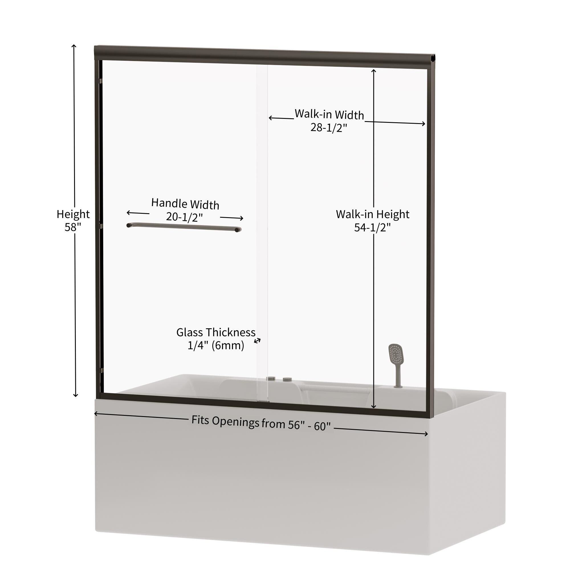 56"-60" W x 58" H Double Sliding Bathtub Shower Door, Semi-Frameless Bypass Tub Door, 1/4" (6mm) Tempered Glass