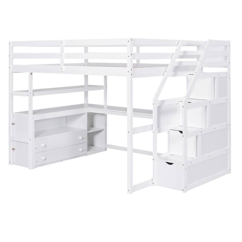 Wooden Full Size Loft Bed with Desk and Shelves, Two Built-in Drawers, Storage Staircase