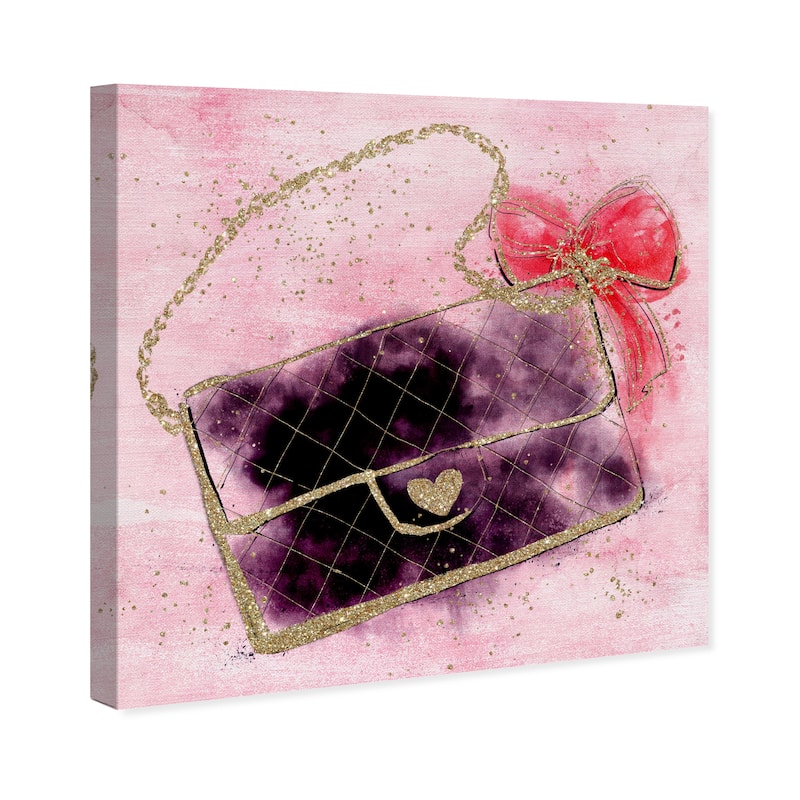 Wynwood Studio Canvas Fashion and Glam Gold Sparkle Ribbon Purse Red and Metallic Gold Glam Wall Art Canvas Print