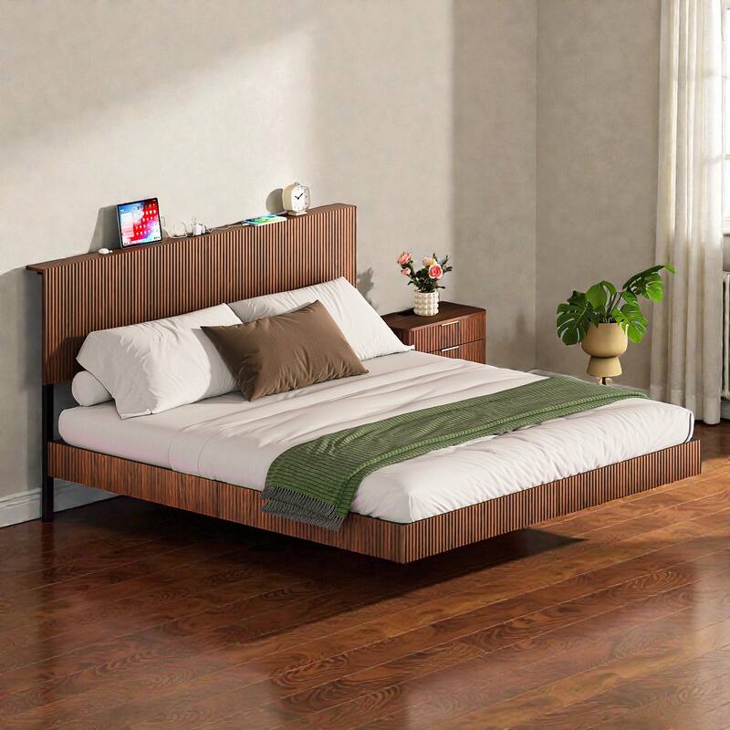 King Floating Bed Frame with LED Lights and Charging Station, Wavy Headboard, No Box Spring Needed - Walnut - King