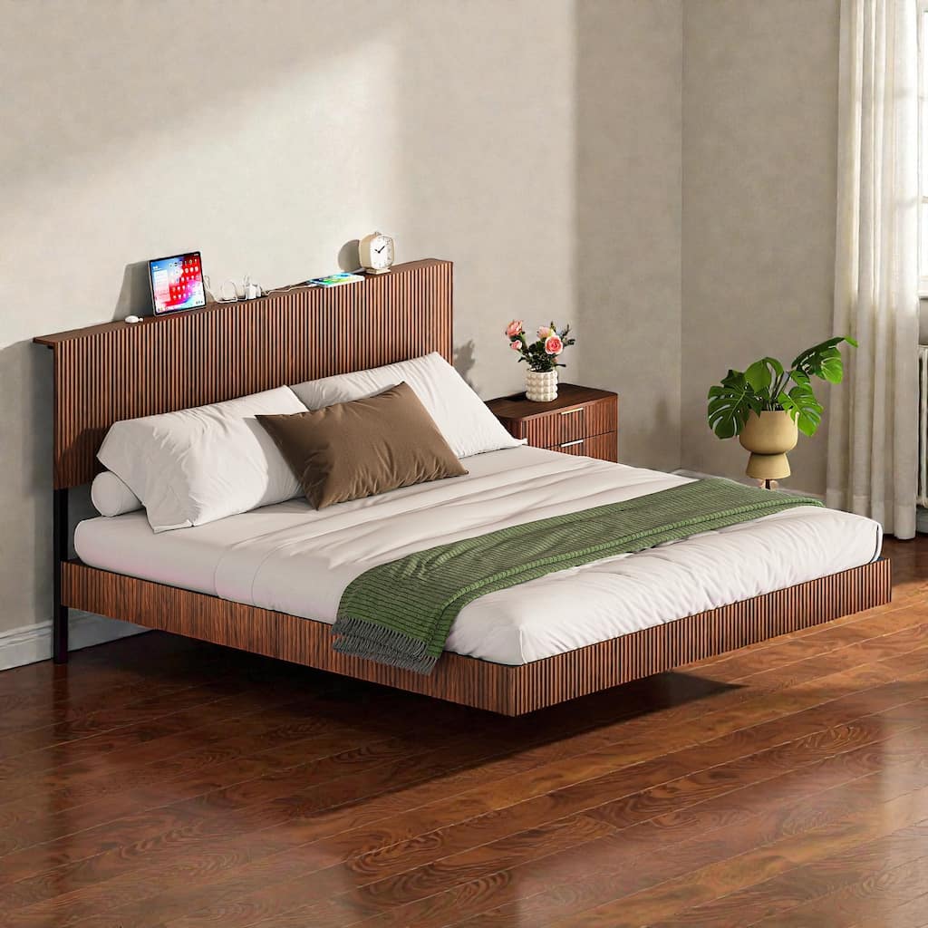 King Floating Bed Frame with LED Lights and Charging Station, Wavy Headboard, No Box Spring Needed