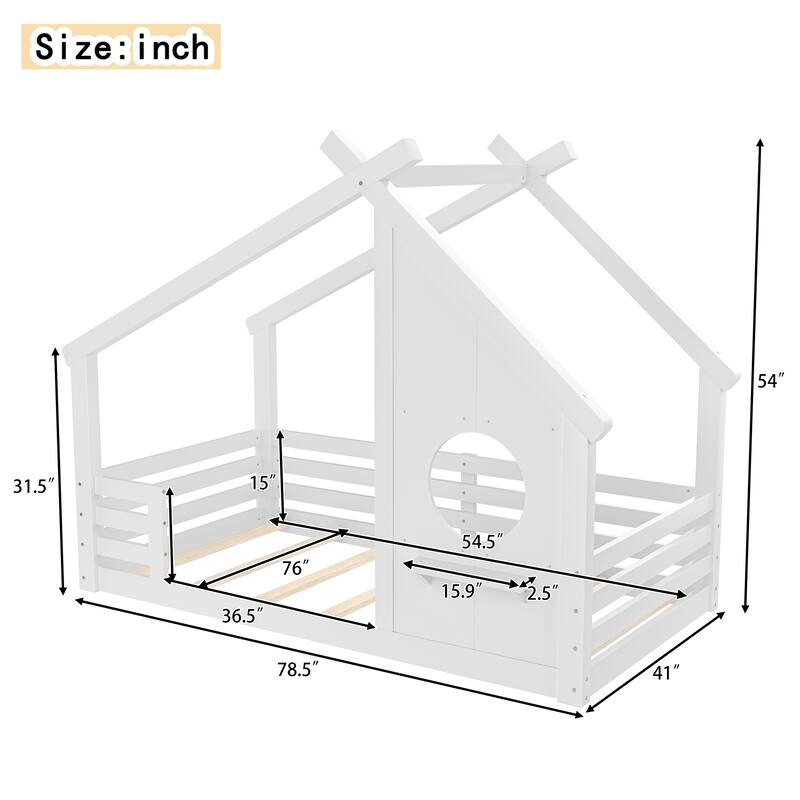 Full/Twin Size House Floor Bed with Window & Shelf, Solid Wood House-Shaped Design