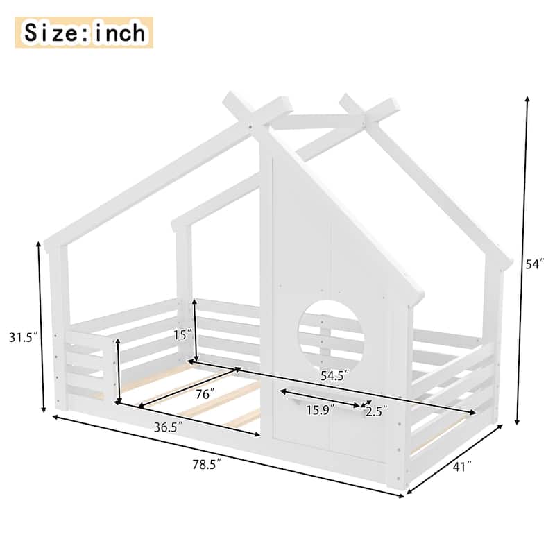 Twin/Full Size Solid Wood House Floor Bed with Window and Shelf, Montessori Low Bed Frame for Kids, No Box Spring Needed