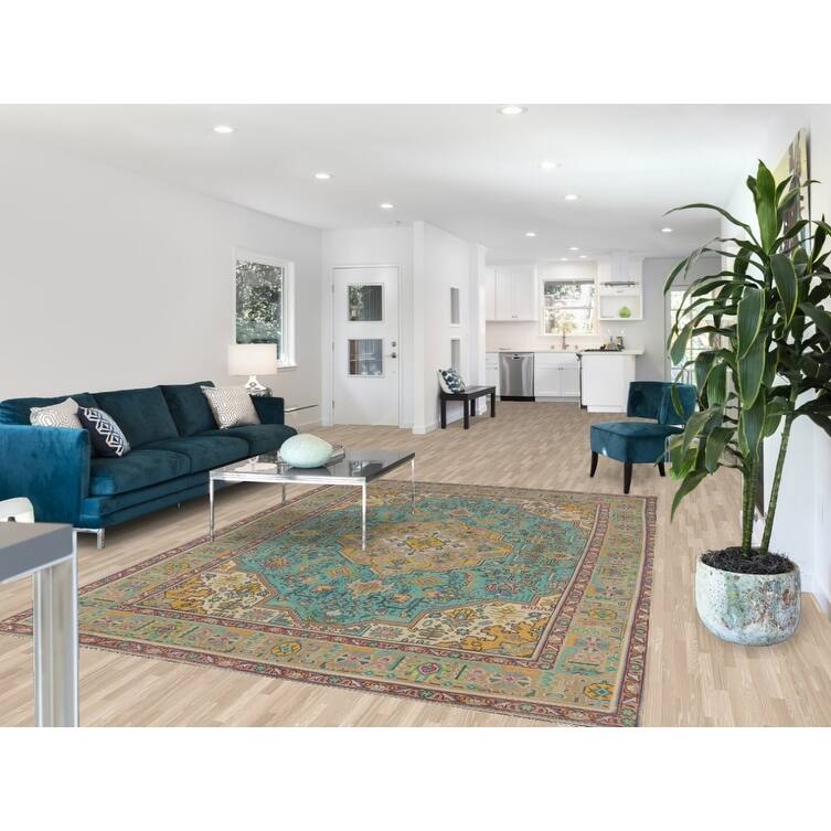 Hand Knotted Oriental 100% Wool Carpet Traditional Floral Navy Blue & Blues Tabriz Area Rug - 9' 6'' X 6' 9''