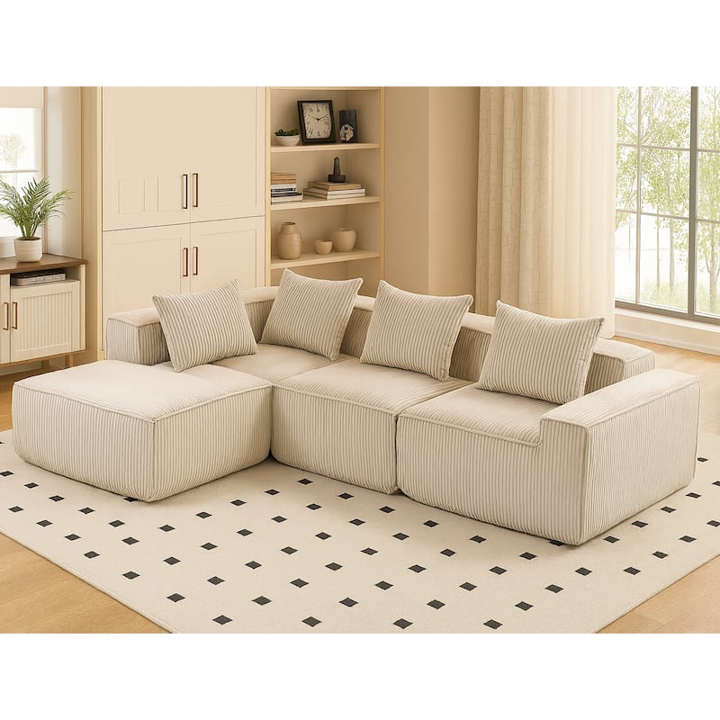 Modular Sleeper Sofa Bed Corduroy L-shaped Sectional Sofa with Chaise Floor Standing Multi Person Compressed Sofa with Ottoman