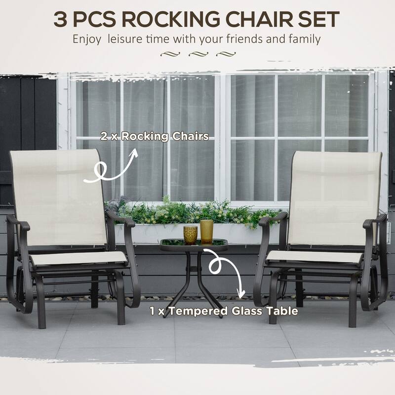 3 Piece Outdoor Gliders Set with Steel Frame, Tempered Glass Table