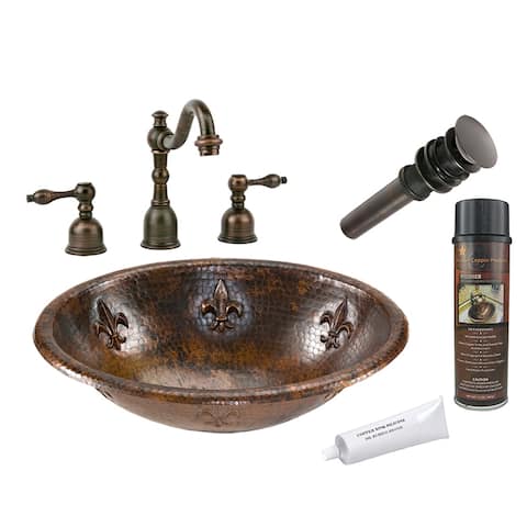 Oval Fleur De Lis Self Rimming Hammered Copper Sink with Accessories (BSP2_LO19RFLDB)