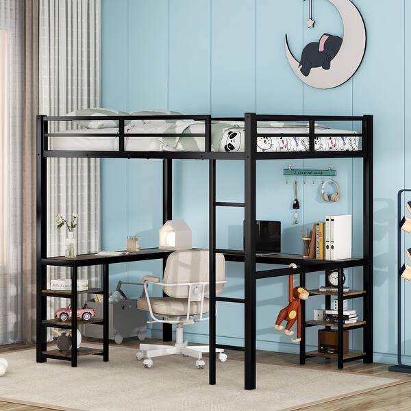 slide 2 of 9, Black Full Size Metal L-Shaped Loft Bed with Desk and Shelves, Full-Length Guardrails Black