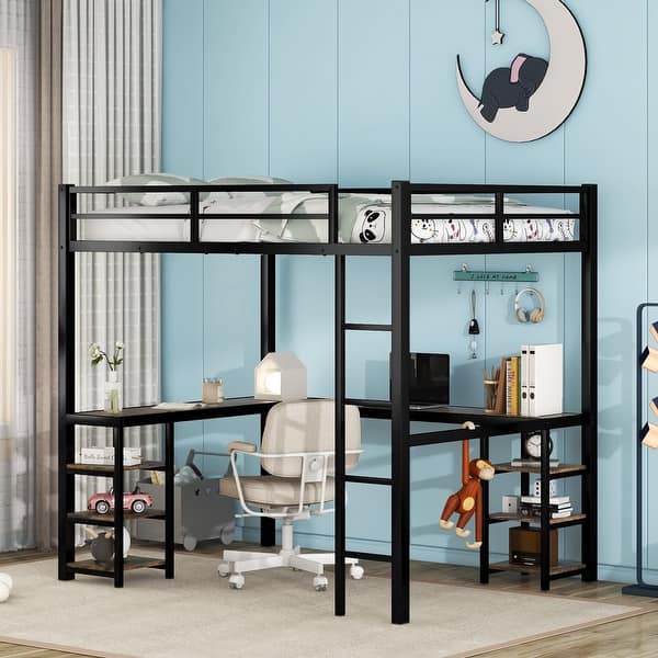 slide 2 of 14, Full Size Metal Loft Bed with Desk, Shelves, Ladder, and Guardrails Black