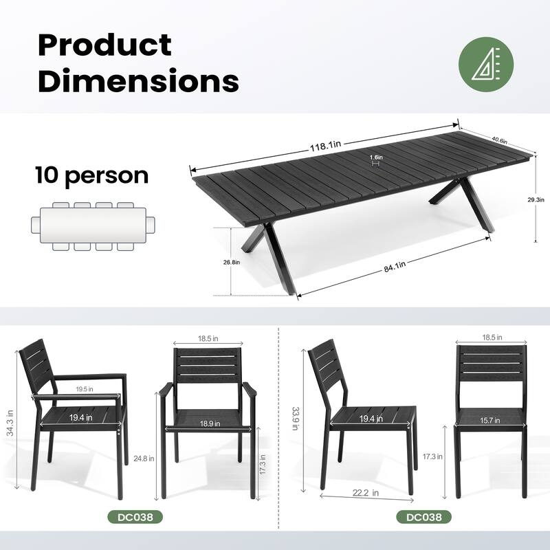 9/11PC Aluminum X Frame Outdoor Patio Dining Set Umbrella Hole Table with Stackable Chairs - N/A