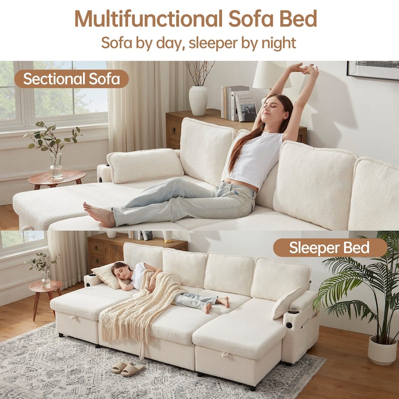Convertible Sleeper Sofa 3-in-1 Pull Out Sectional Sofa Bed L/U-Shaped Couch with Storage Chaise