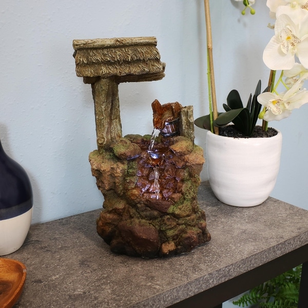 Sunnydaze Mossy Country Well Indoor Tabletop Water Fountain with LEDs - 14-Inch