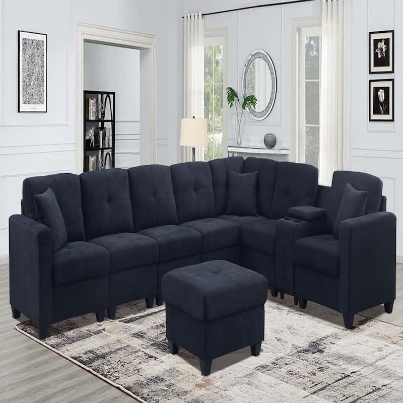 Dark Blue Sectional Sofa, Solid Wood Frame, Microfiber, Cup Holders