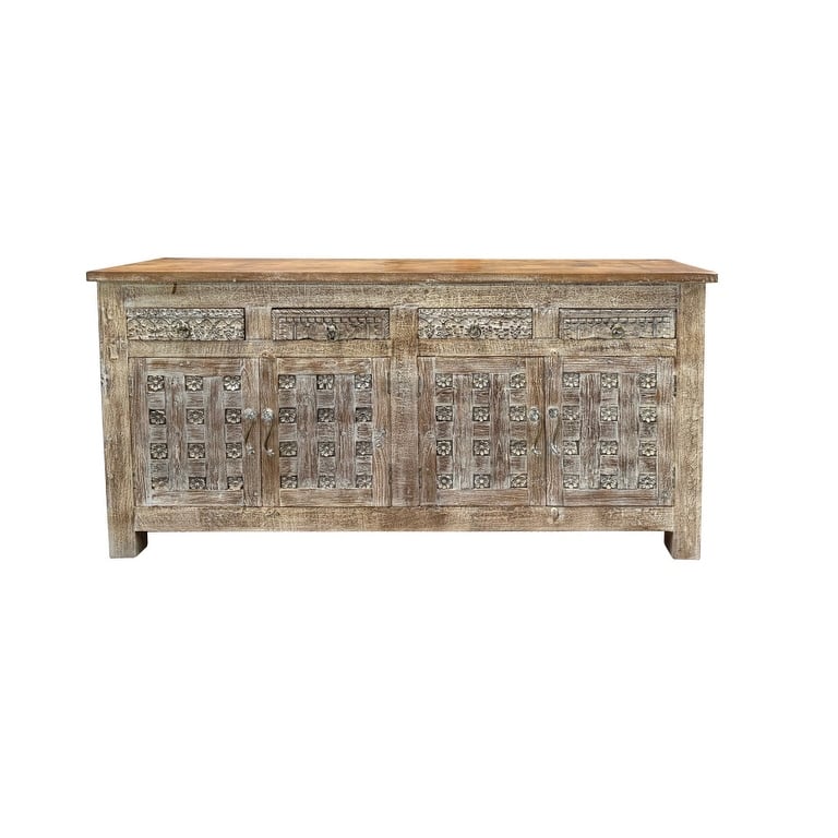 HomeRoots 74" Brown Distressed Solid Wood Carved Floral Four Drawer Sideboard with Four Doors