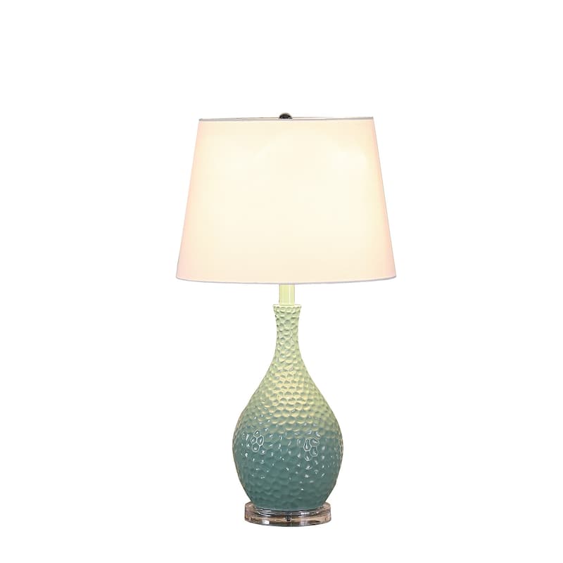 HomeRoots Aqua Hammered Urn Table Lamp With White Tapered Drum Shade - 15 x 15 x 28