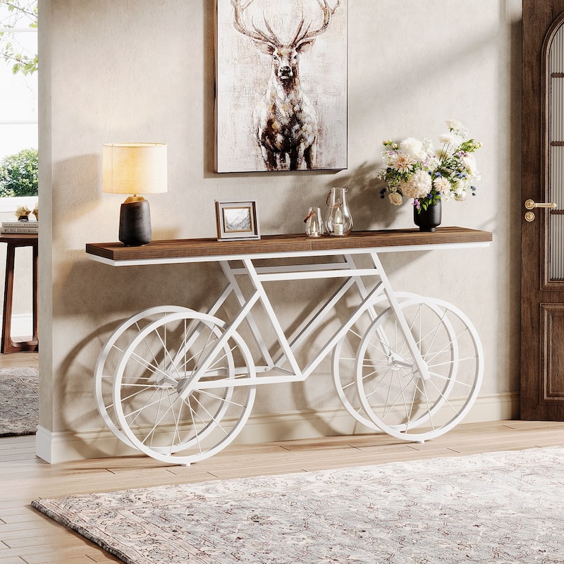 70.9-Inch Long Narrow Console Table with Metal Bicycle Base - Brown - 70.87" L x 11.81" W x 33.46" H