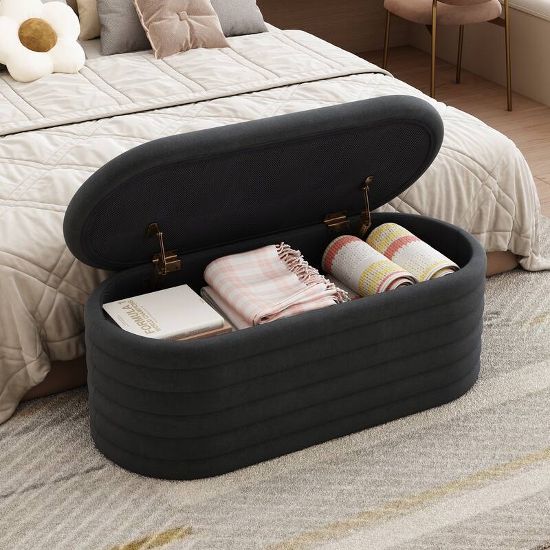Ottoman Bench Upholstered Bench Fabric Black Storage Bench Simple End of Bed Stool with Safety Hinge